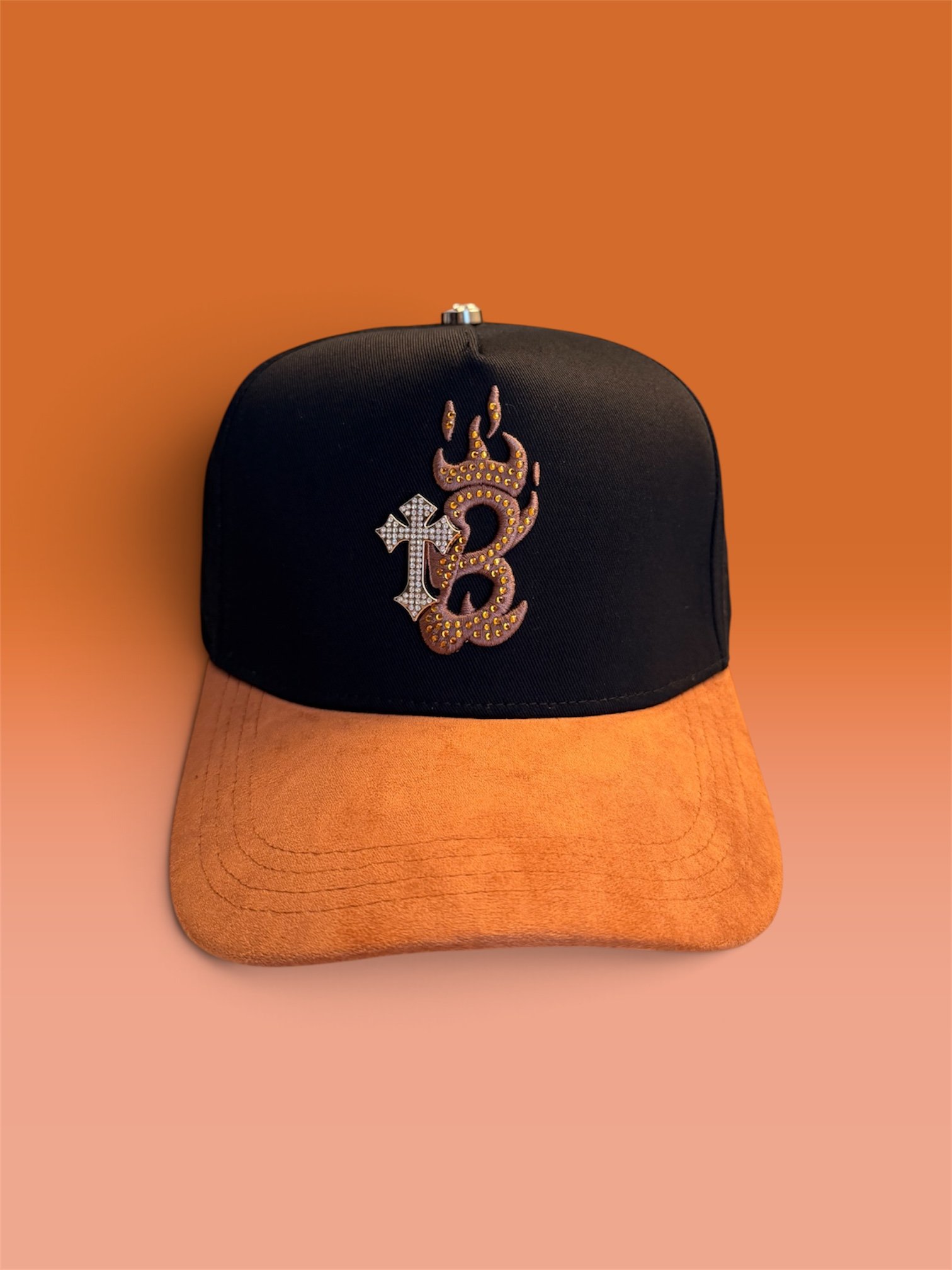 Black and Brown Cap with Cross and flames Design